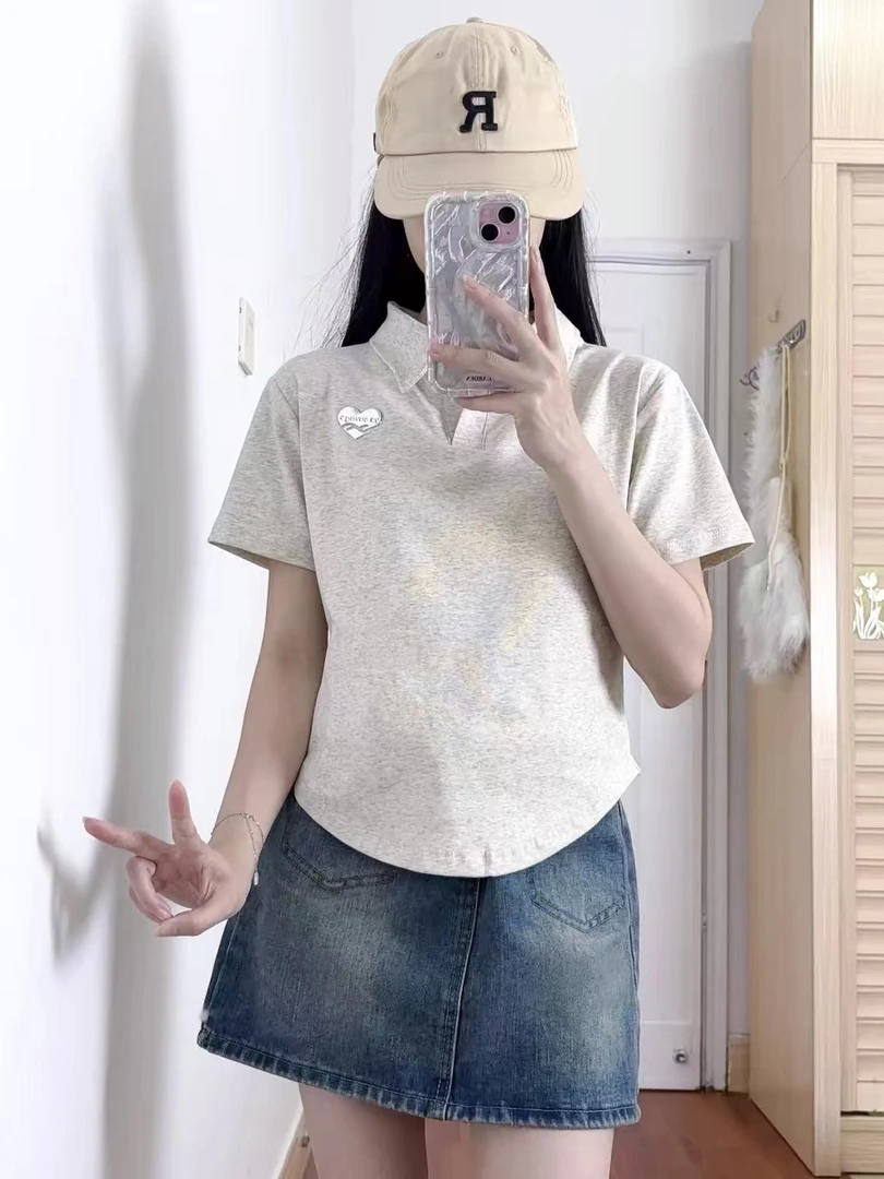 独特polo领短袖女夏季正肩t恤甜辣妹风不规则u型小个子短款上衣潮