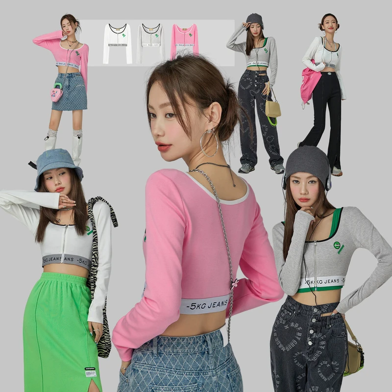 3306【金拐子专属】CHUU字母印花拉链贴标撞色短上衣-F