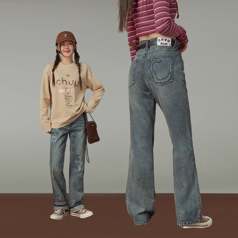 0009【金拐子专属】CHUU字母磨破高腰显瘦微喇牛仔裤-F