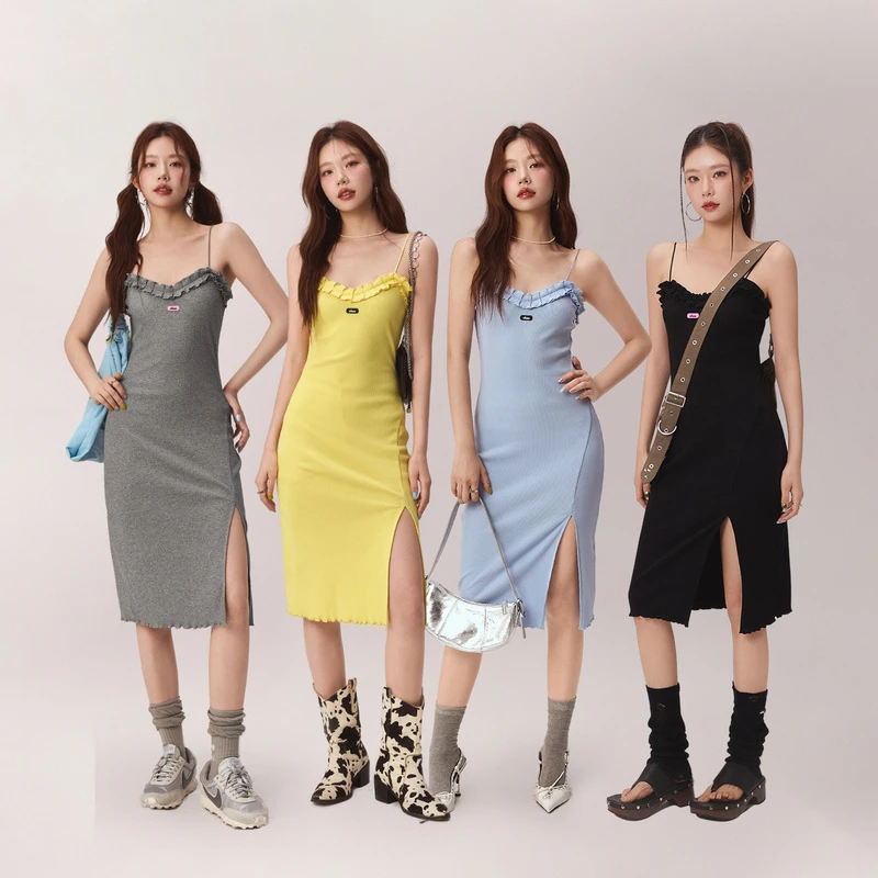 1003【金拐子专属】CHUU木耳边设计吊带裙开叉中长款连衣裙-F