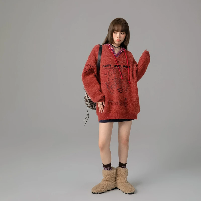 A007【金拐子专属】CHUU兔子印花宽松绣花长袖V领个性针织衫-F