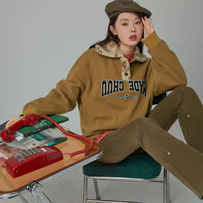 4312【金拐子专属】CHUU撞色拼接POLO领宽松字母套头长袖卫衣-F