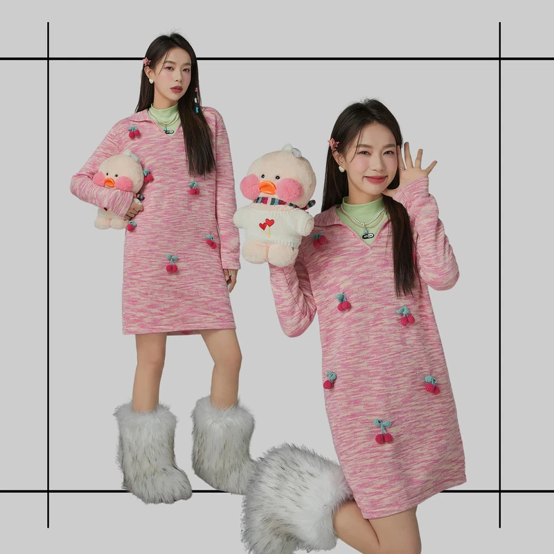 4306【金拐子专属】CHUU宽松打底a字小樱桃针织长袖连衣裙-F