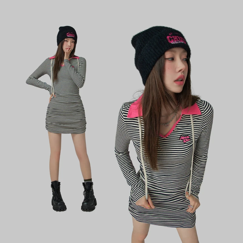 4316【金拐子专属】CHUU修身半开领A字条纹长袖连衣裙-F