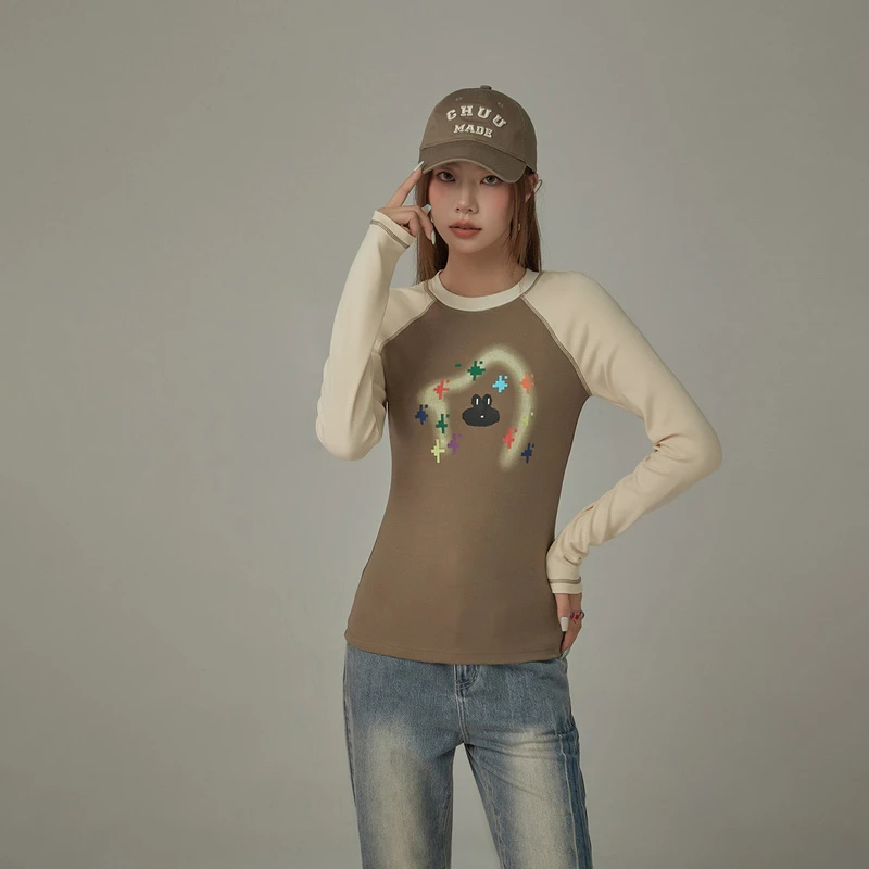 G013【金拐子专属】CHUU秋卡通涂鸦印花设计撞色拼接插肩袖T恤-F