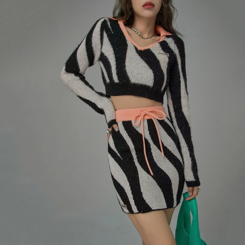 4206【金拐子专属】CHUU高腰复古提花撞色抽绳马海毛半身裙-F