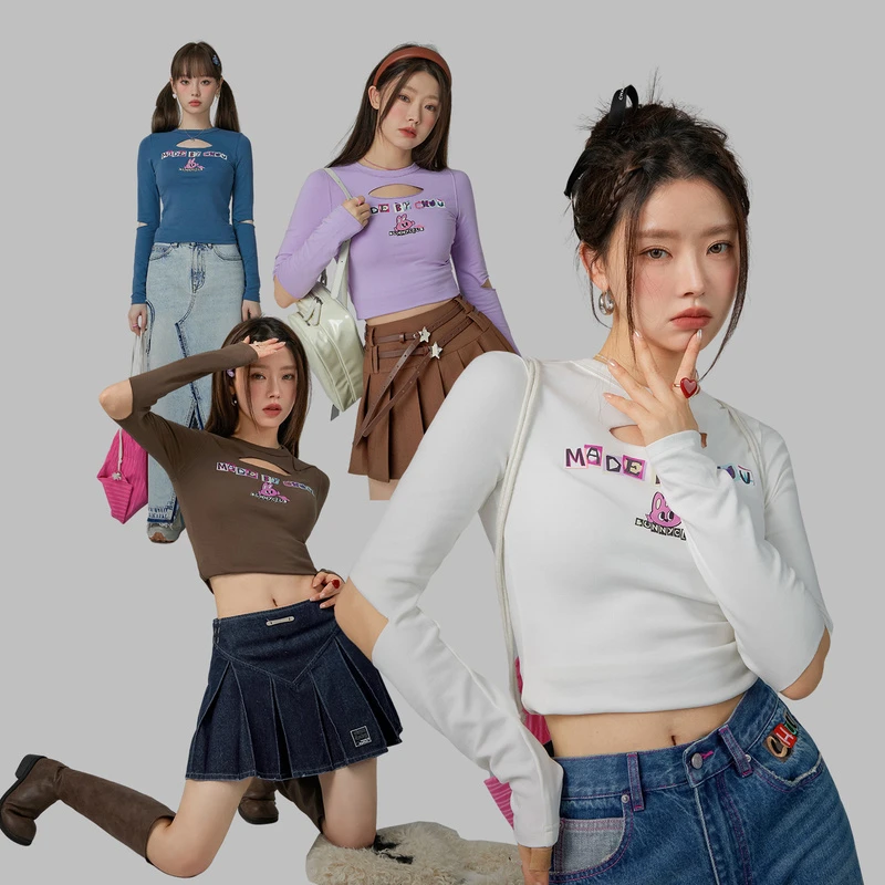 B031【金拐子专属】CHUU辣妹短款修身兔子长袖镂空印花T恤-F