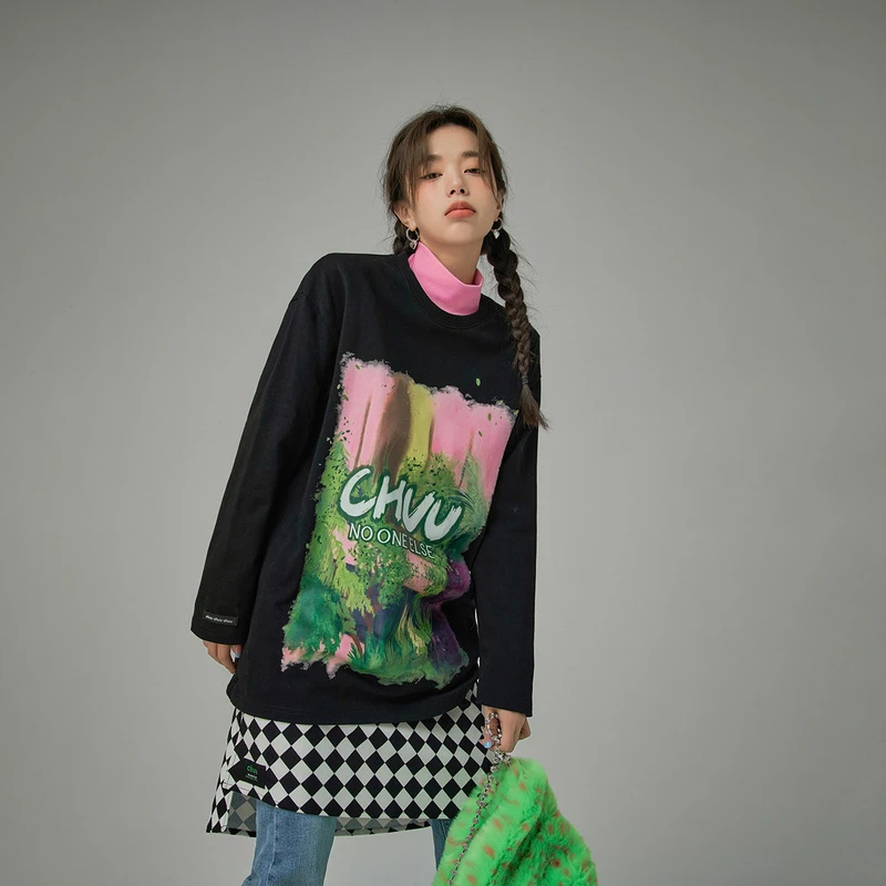 4217【金拐子专属】CHUU韩系圆领宽松字母印花长袖打底T恤-F