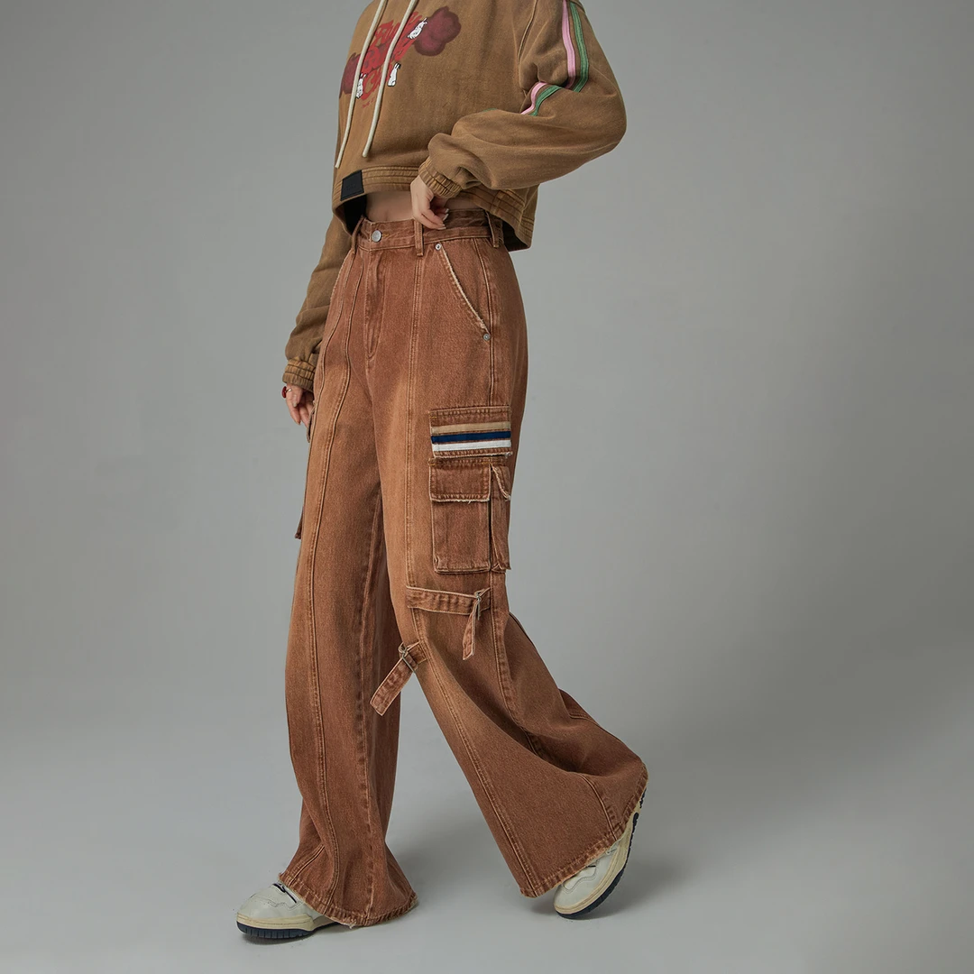 0009【金拐子专属】CHUU宽松多口袋高腰直筒阔腿宽松系带牛仔裤-F