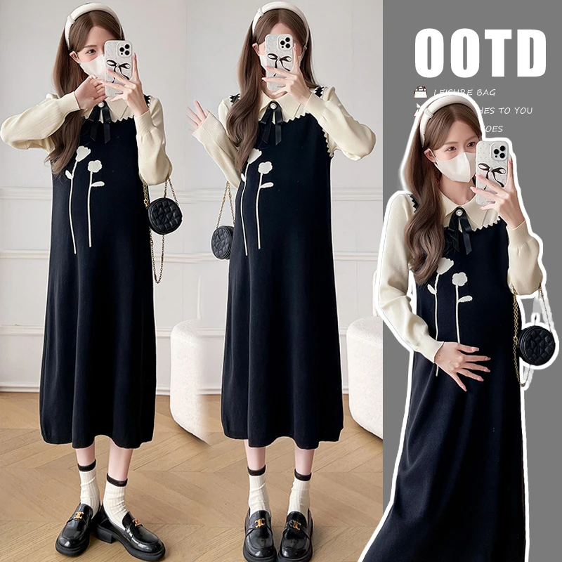 孕妇装连衣裙2025春秋韩版时尚小香风气质显瘦拼接假两件针织裙子