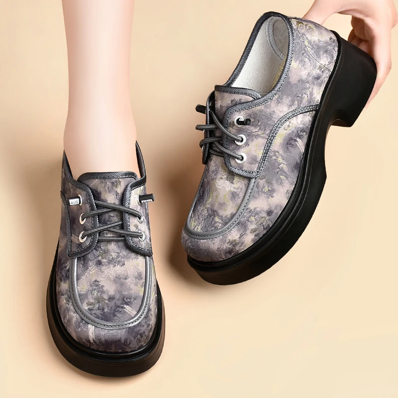 复古时尚单鞋女百搭春秋款软底系带乐福鞋厚底圆头英伦风圆头女鞋