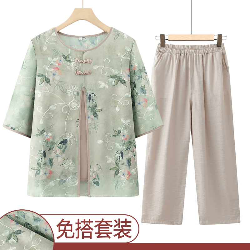 奶奶夏装假两件t恤中老年人女休闲薄款上衣妈妈套装宽松碎花衣服