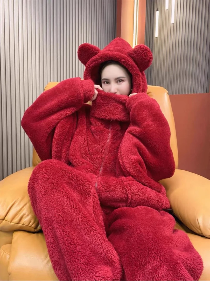 冬季新款睡衣加绒加厚连帽蒙面侠百搭家居服时尚套装毛绒家居服