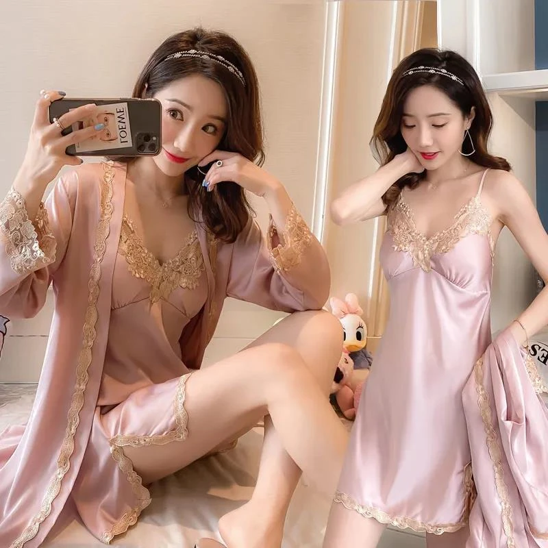 睡衣女冰丝吊带睡裙夏两件套带胸垫长袖睡袍女士春秋丝绸家居服