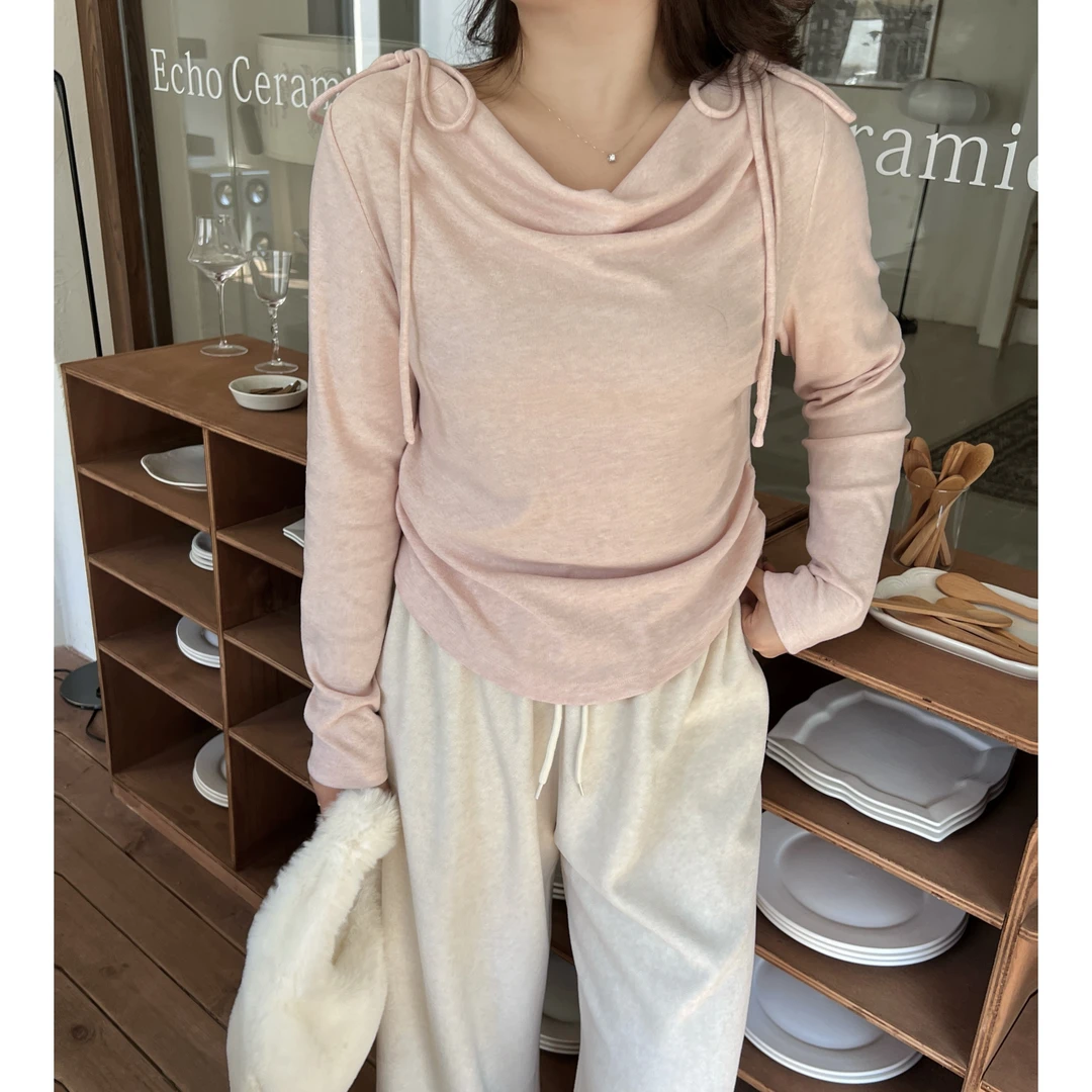 现货【桃桃粉霜】大头婷微胖定制秋冬百搭蝴蝶结荡领露肩打底上衣