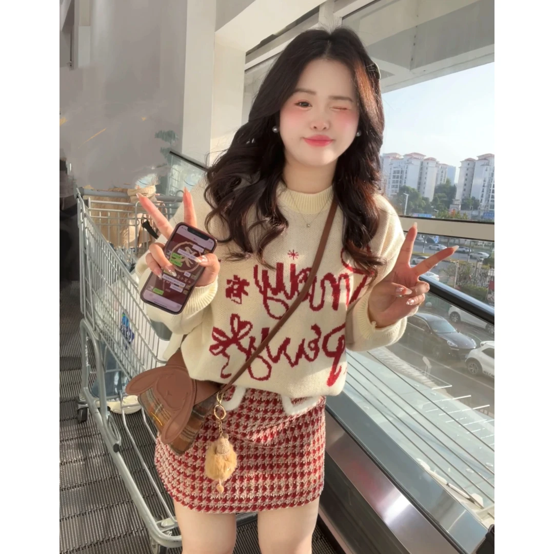 【青苍】大头婷微胖定制女冬季慵懒风软糯毛衣上衣短裙两件套