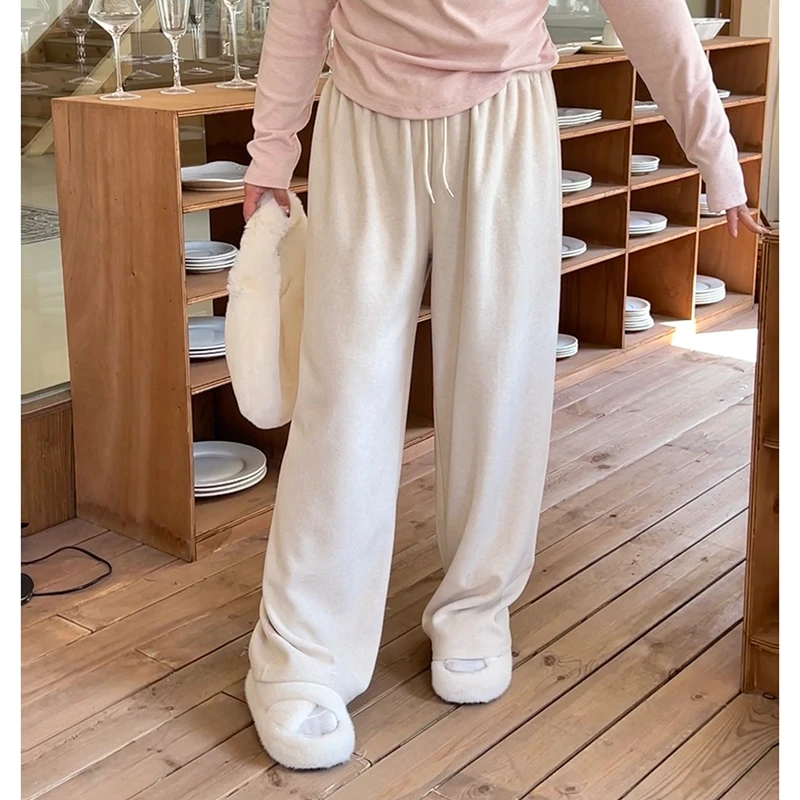 现货【糯米裤】大头婷微胖定制秋冬百搭奶杏色阔腿裤抽绳松紧腰长裤