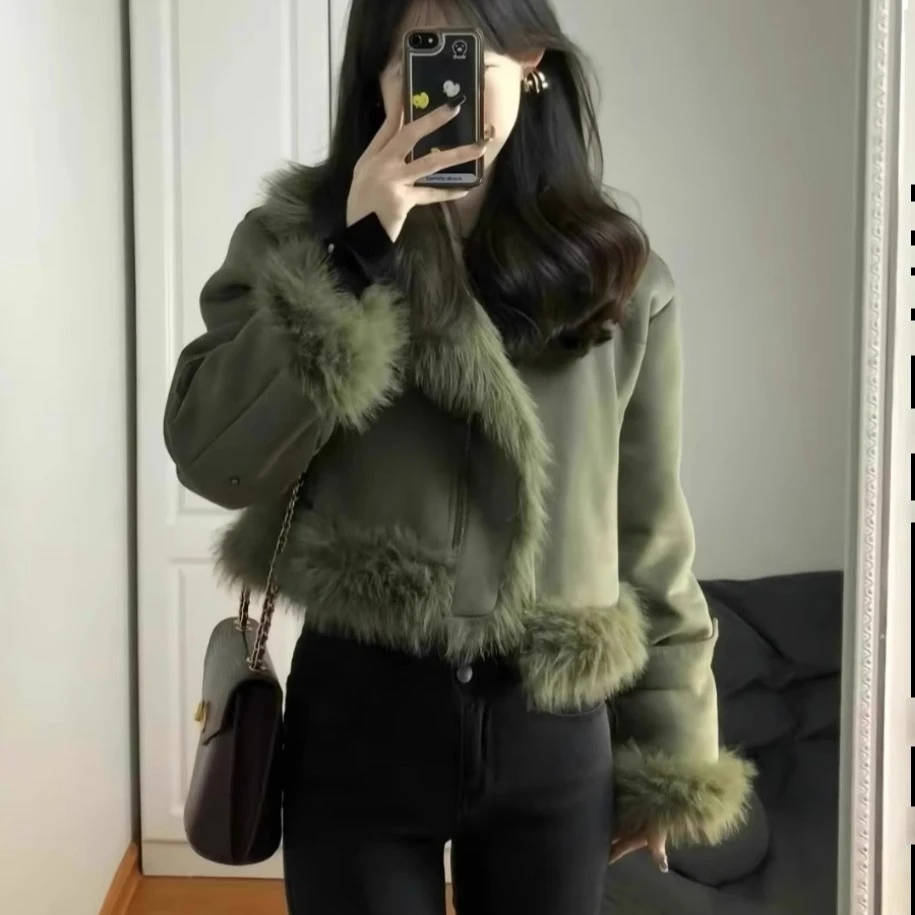 皮毛一体麂皮绒短外套女秋冬新款小香风高级感宽松加厚机车服上衣