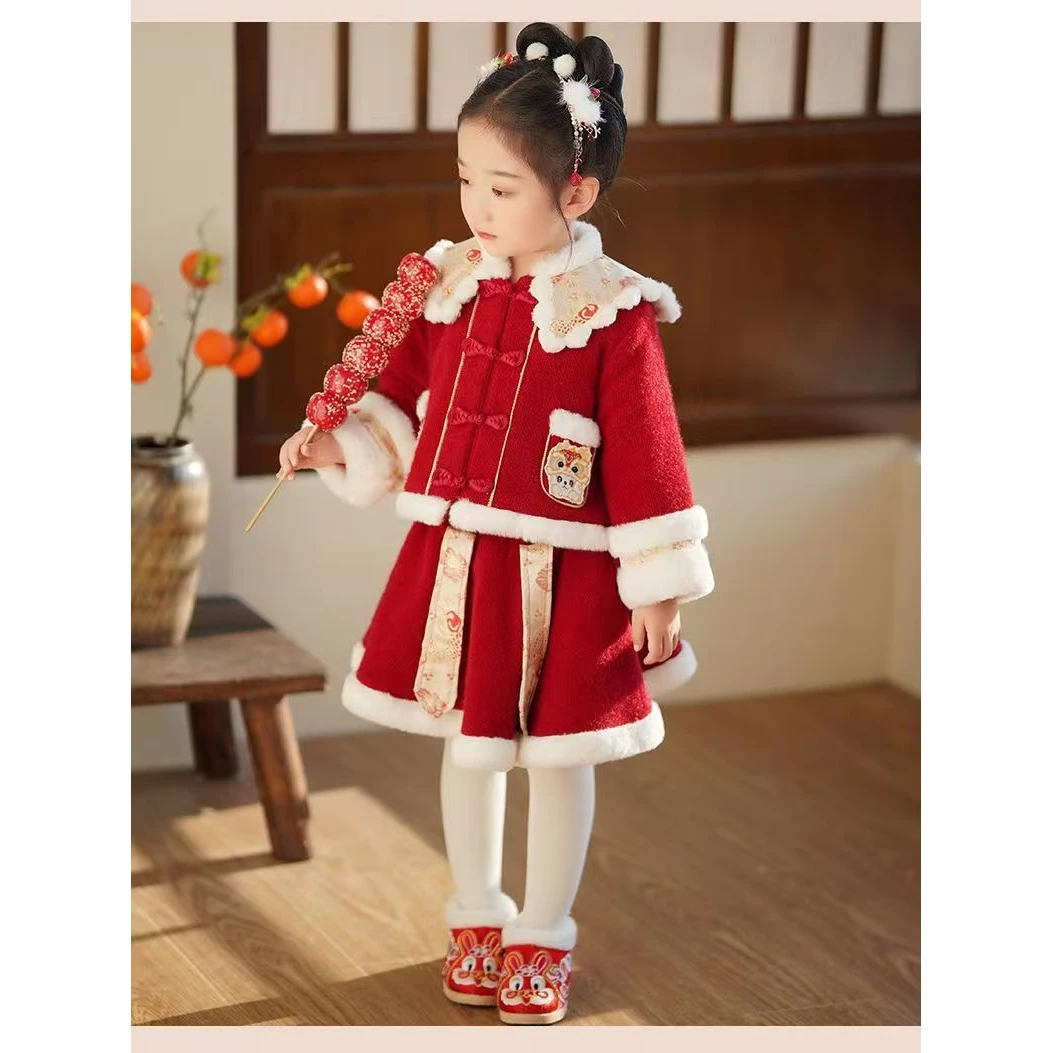 女童拜年冬装加绒儿童新年衣服冬季宝宝周岁礼服汉服套装中国唐装