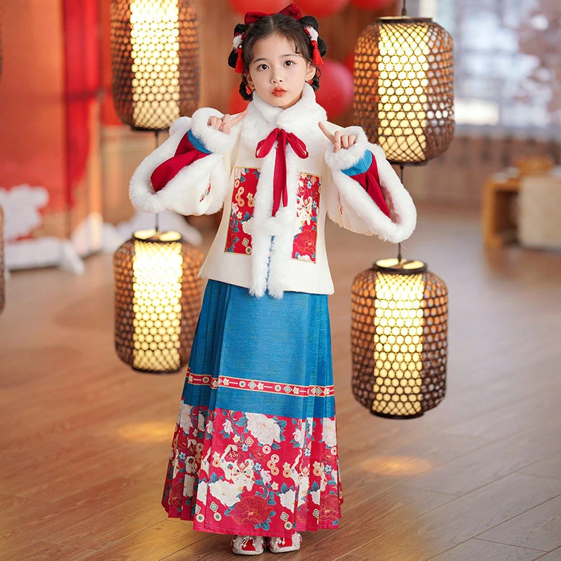 女童拜年服冬季汉服加厚儿童中国风马面裙唐装女宝宝新年套装冬装