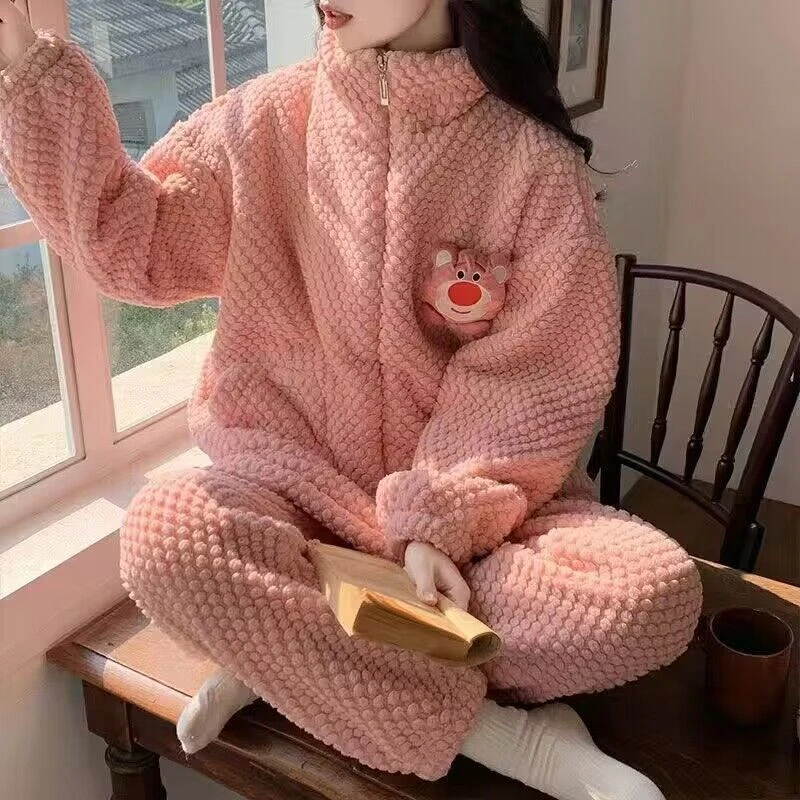 睡衣女冬季加绒加厚法兰绒拉链可爱卡通冬季睡衣珊瑚绒家居服外穿