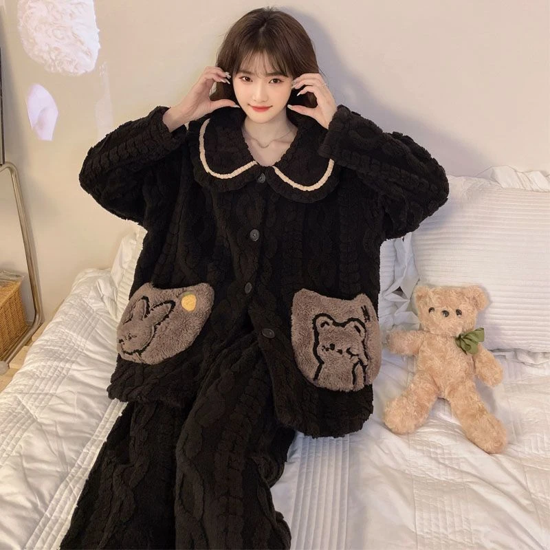 睡衣女秋冬季加绒加厚珊瑚绒韩版开衫翻领保暖法兰绒家居服套装冬