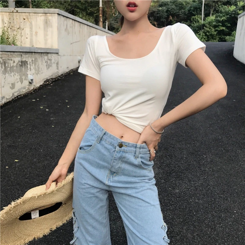 白色u领T恤女短袖大领口性感露背修身显瘦低领紧身半袖上衣ins潮