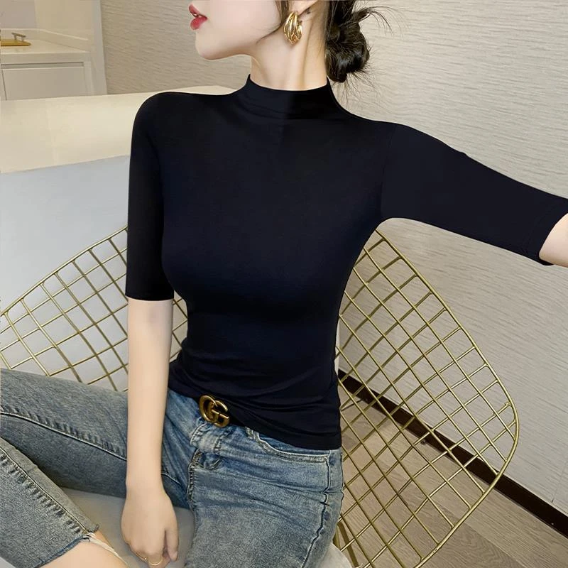黑色莫代尔半高领五分袖T恤女春夏季薄款中袖冰丝打底衫修身上衣