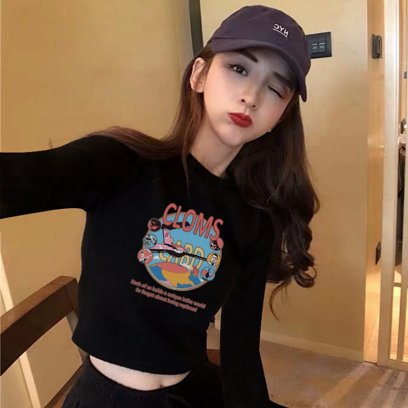 长袖t恤女春秋黑色紧身高腰露脐短款爵士舞上衣半高领韩版打底衫