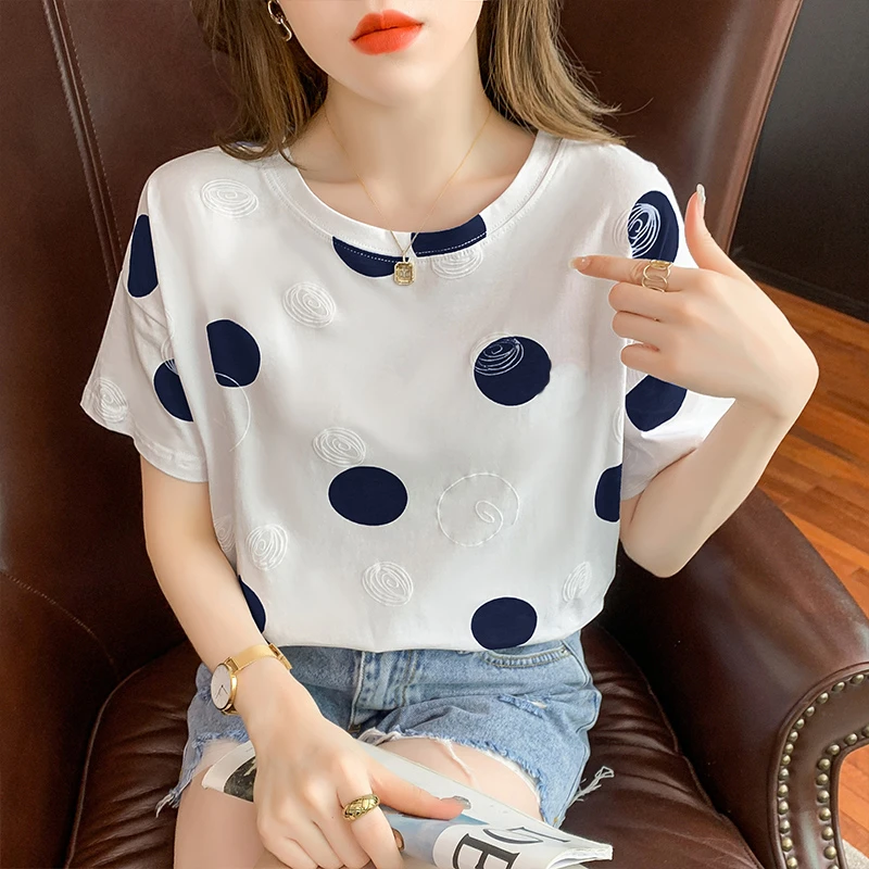 白色正肩短袖t恤女2024夏装新款蓝色波点圆领宽松显瘦体恤上衣服