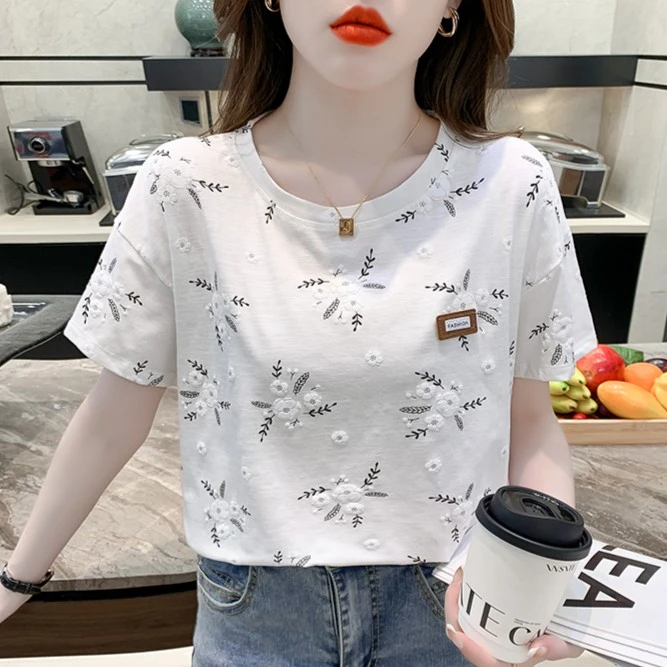 棉质时尚印花短袖T恤女2024夏季新款韩版宽松设计感上衣洋气小衫