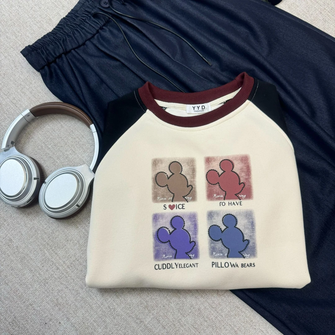 12311加绒新款爆款插肩袖卡通图案时尚洋气宽松慵懒风卫衣女