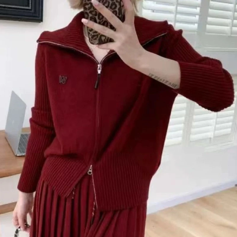 3462翻领拉链长袖针织衫毛衣女装秋季24年新款宽松绵羊毛开衫外套