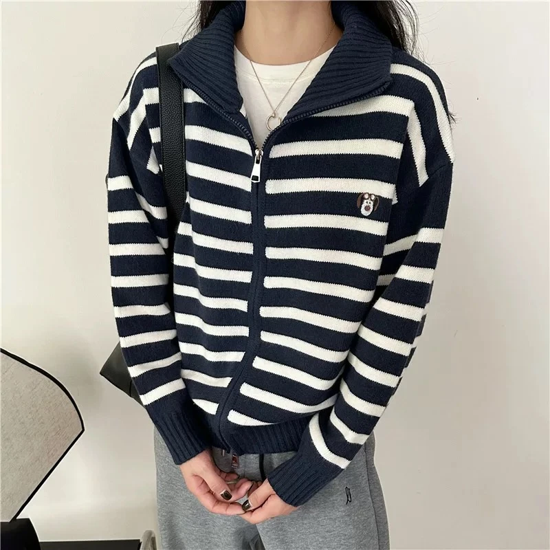 3533韩版双拉链条纹卡通针织开衫女小狗刺绣毛衣