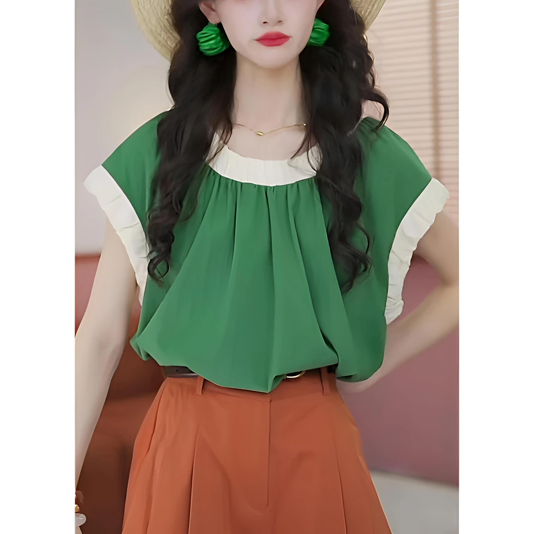 复古港风拼色短袖T恤女夏季时尚气质宽松百搭设计感小众减龄上衣