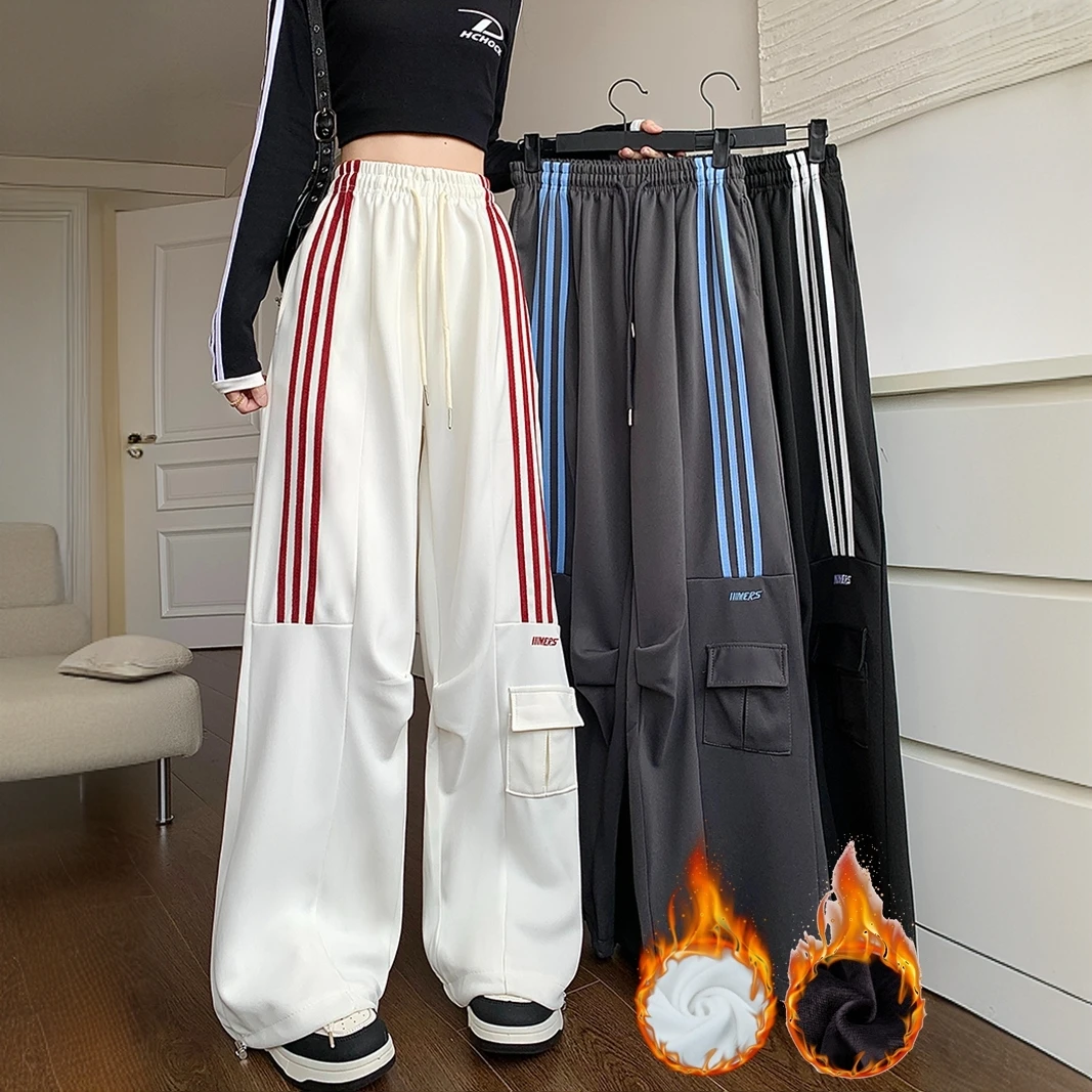 春秋美式三条杠高街运动hiphop爵士舞宽松直筒显瘦加绒工装女卫裤