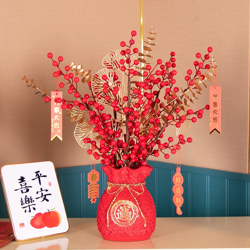 乔迁新居布置装饰品红色发财果浆果花盆福桶摆件结婚乔迁新居礼品