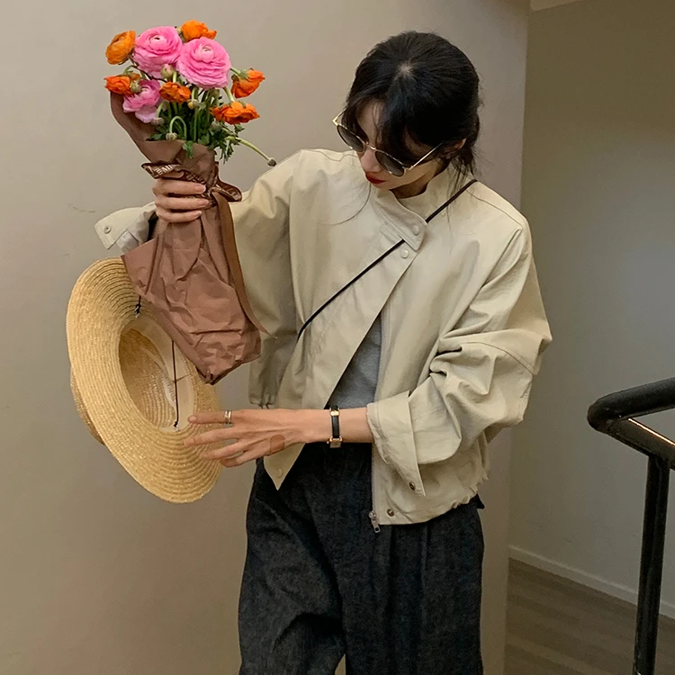 韩系下摆抽绳外套女小个子短款2024年春季新款宽松百搭皮质夹克潮