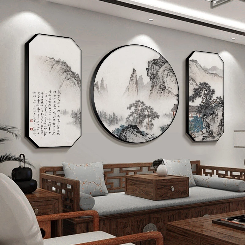 新中式客厅生活挂画山水画书房茶室装饰画三联画茶室客厅挂画