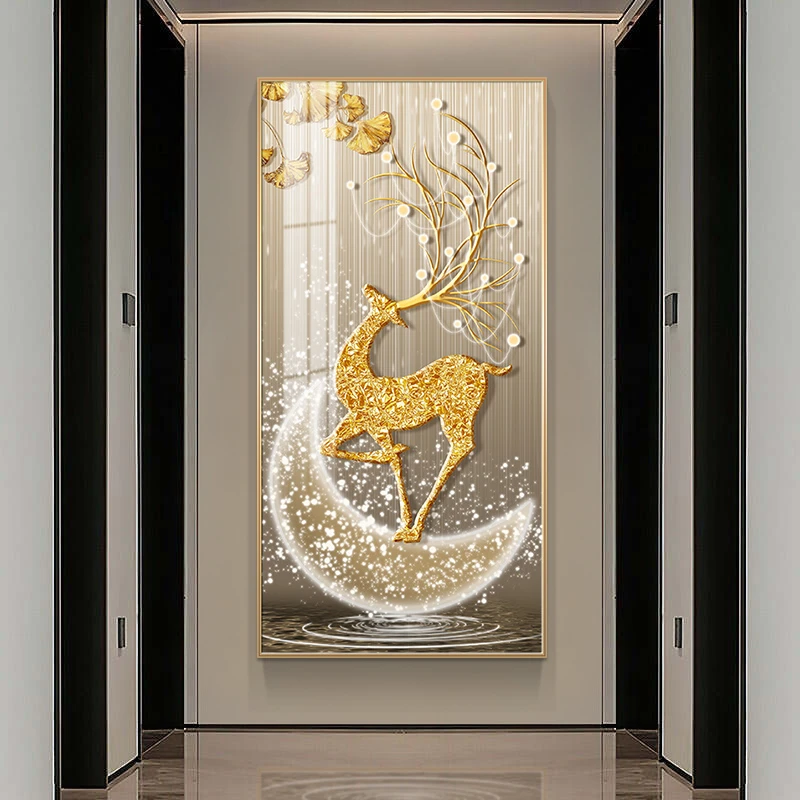 金鹿送财现代入户晶瓷装饰画装饰画玄关走廊过道挂画客厅背景墙画