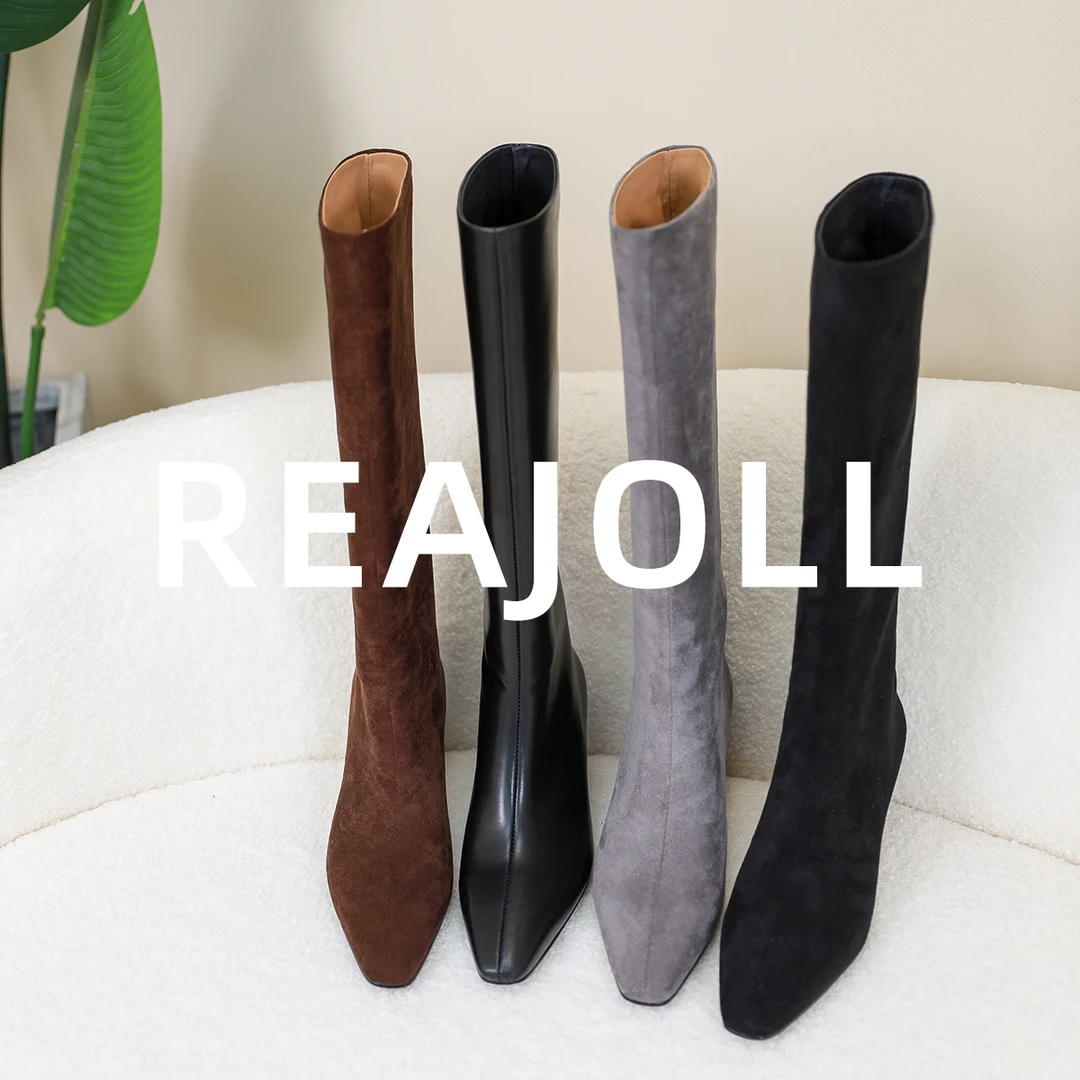 REAJOLL及膝长靴高跟百搭粗跟秋冬不过膝皮长靴高筒靴瘦堆堆靴子