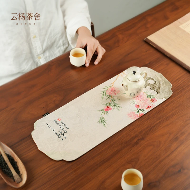 桃之夭天双面长茶席云纱防水干泡席桌旗中国风茶桌垫壶垫茶道配件