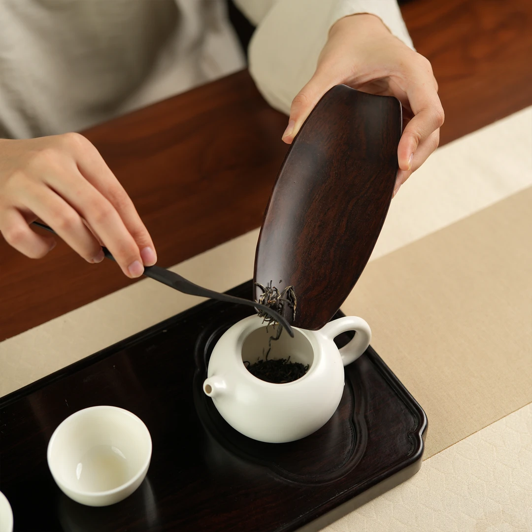 【茶则  投茶器】黑檀实木整掏茶则礼盒套装  约16-7.5/5cm  配茶拨