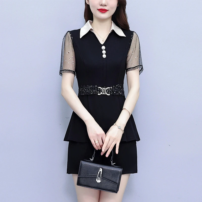 夏季新款大码女装胖MM气质修身上衣+短裤时尚网纱拼接两件套套装