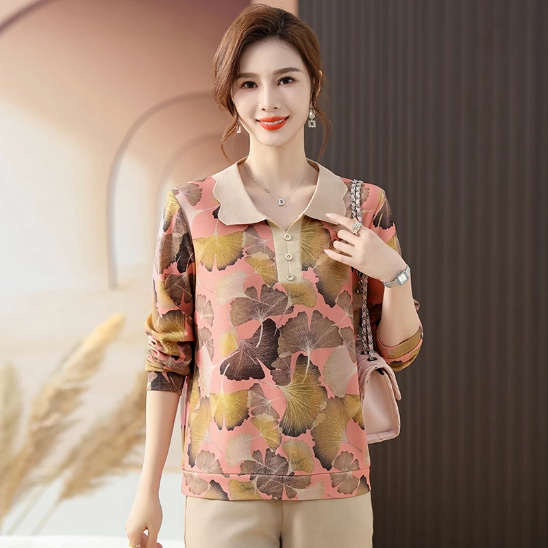 秋季新款中老年 女士针织上衣宽松印花小衫高弹力翻领长袖打底衫