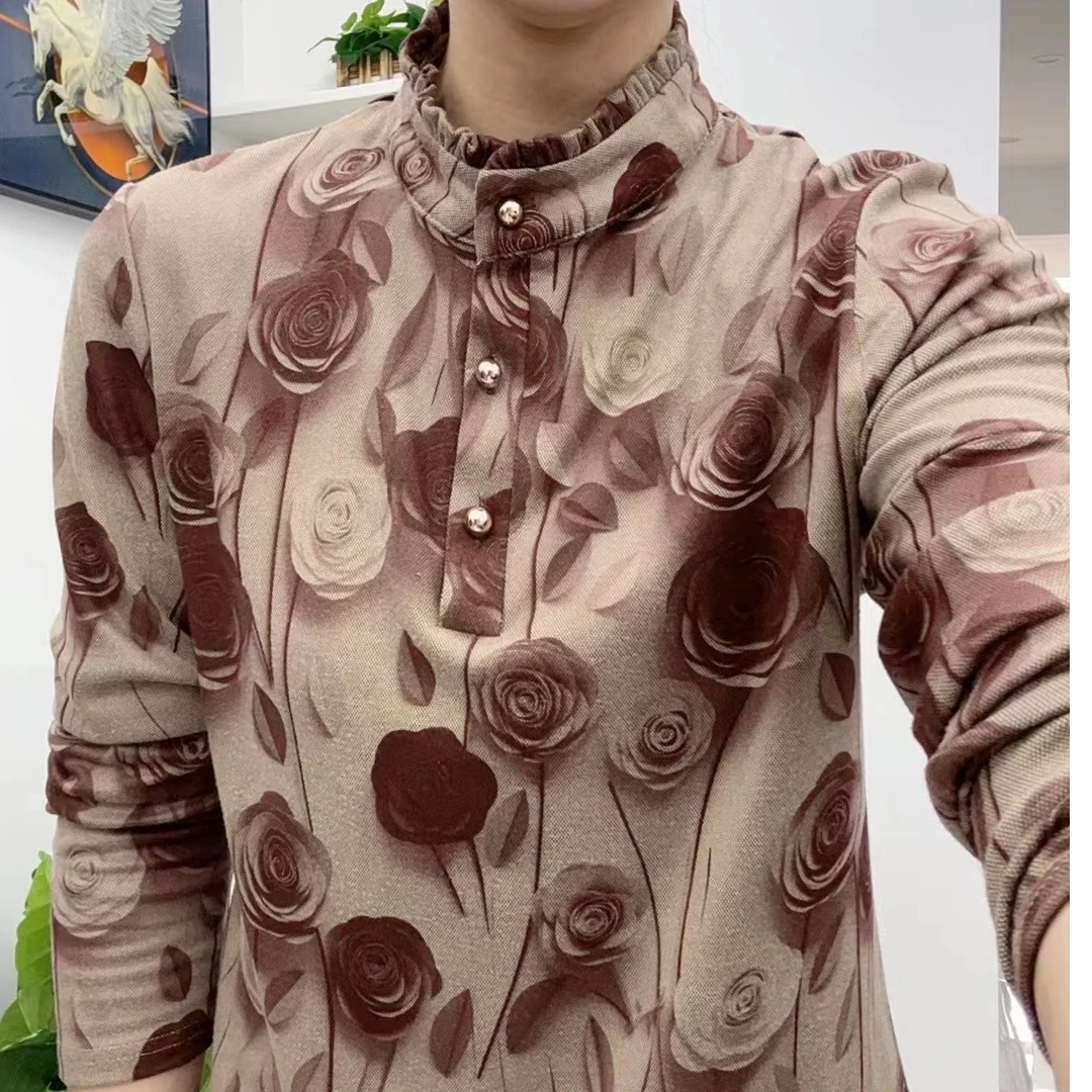 2024秋季女士加厚小衫木耳边改哦弹力中老年妈妈大码打底衫