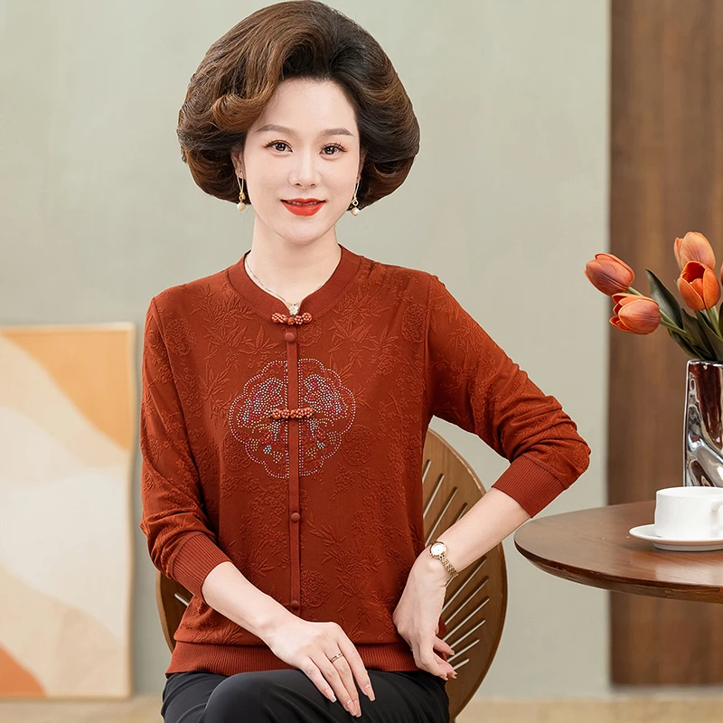 2024新款妈妈秋装洋气针织小衫国风新中式盘扣小毛衣长袖打底衫