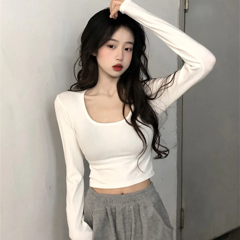 早春新款2024纯欲风U领显瘦修身打底衫女短款白色长袖T恤上衣小衫