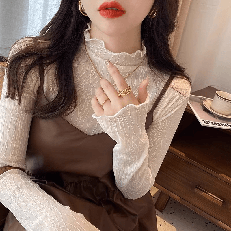 亦声秋冬新款加绒保暖修身显瘦长袖打底衫t恤女半高领蕾丝小上衣