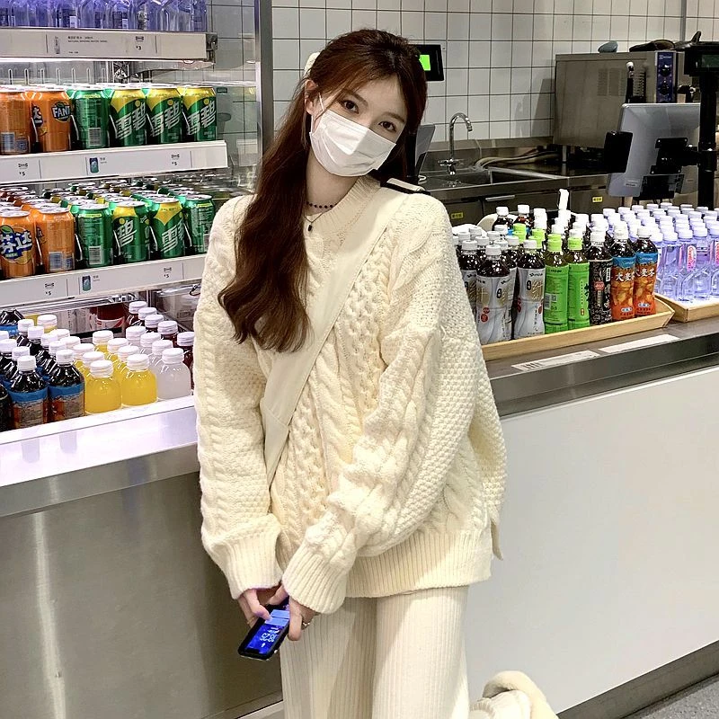 亦声温柔风毛衣女2024秋冬新款麻花针织衫套头外穿宽松加厚打底衫